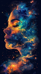 Wall Mural - Cosmic portrait of a beautiful woman with closed eyes in space