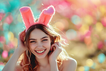 Wall Mural - Happy young woman wearing easter rabbit headband with ears on background.