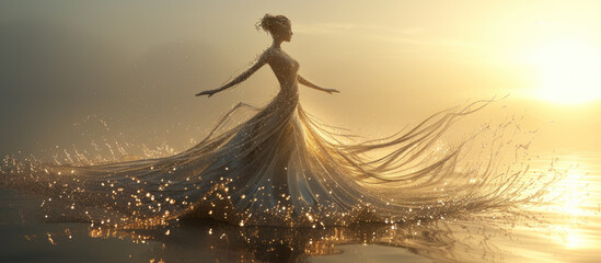 Goddess of fairy in magical dress walks on water, magical sea scene