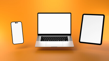 Wall Mural - 3D Laptop, Smartphone and tablet with blank screen. Advertising composition of digital devices for advertising with orange backdrop.