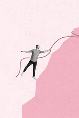 Aufkleber - Photo collage artwork minimal picture of excited funky guy rising mounting top isolated pink color background