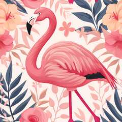 Wall Mural - Seamless pattern background with pink flamingos and leaves.
