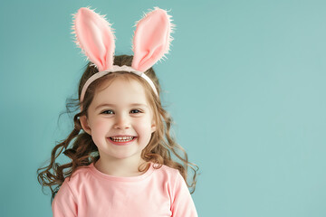 Wall Mural - Happy little girl wearing easter rabbit headband with ears on background.