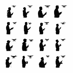 man holding remote operating drone bundle set illustration silhouette