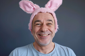 Wall Mural - Happy senior man wearing easter rabbit headband with ears on background.