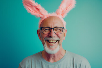 Wall Mural - Happy senior man wearing easter rabbit headband with ears on background.