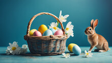 Cute Brown Easter Bunny Sits Near A Wicker Basket With Festive Easter Eggs, Decorated With Spring Flowers, Beautiful Spring Light, Scene On A Light Blue Background