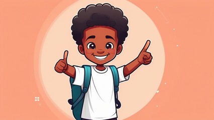 Wall Mural - An African-American smiling boy with a raised thumb goes to school. A child in a white T-shirt with a backpack on the background of peach fuzz, Back to school.