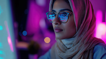 Arab Female Developer Coding Intently On Her Computer. Encouraged Women From Different Backgrounds To Work In IT Development