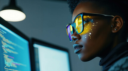 Black Female Developer Coding Intently On Her Computer. Encouraged Women From Different Backgrounds To Work In IT Development