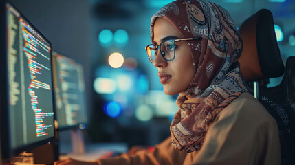 arab female developer coding intently on her computer. encouraged women from different backgrounds t