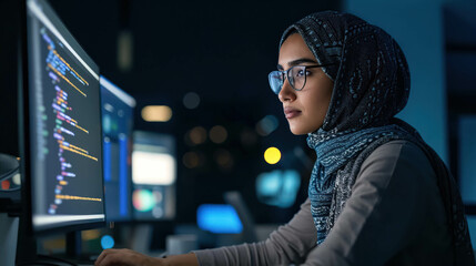 Arab Female Developer Coding Intently On Her Computer. Encouraged Women From Different Backgrounds To Work In IT Development