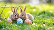 two bunnies with colorful eggs in grass