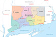 Colorful political map of the state of Connecticut outlining the various counties that make up the region