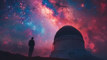 Poster - An observatory's silhouette against a backdrop of a galaxy rising, the dome open, peering into the depths of space