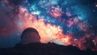 An observatory's silhouette against a backdrop of a galaxy rising, the dome open, peering into the depths of space