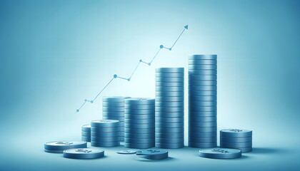 Stacked coins with upward arrow symbolizing growth, dark blue background. Finance and Investment, Money Growth Concept. Sustainable green energy concept