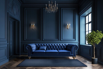 Blue vintage interior with sofa and ceiling light