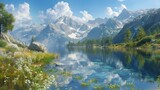 Fototapeta Na ścianę - Crystal clear alpine lake, reflecting the surrounding rugged peaks, wildflowers dotting the shoreline