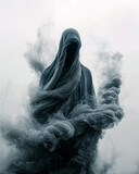 Fototapeta Las - A figure in a gray cloak with a hood is standing in the fog