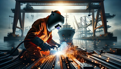 Metal welder with orange jacket working with arc welding machine and using mig mag welder constructions to weld steel at factory.