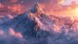 Dramatic mountain range capped with snow, clouds clinging to the peaks, sun setting in the background casting pink hues