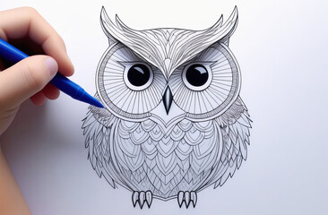 An individual is illustrating an owl on paper using a marker, capturing the bird's unique features like its beak and wood-like texture