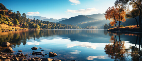 Wall Mural - Beautiful lake with sunrise and tranquility of nature