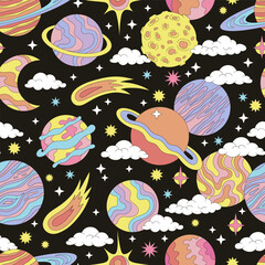groovy cosmos planets comets night sky galaxy vector seamless pattern. retro 60s 70s 80s outer space