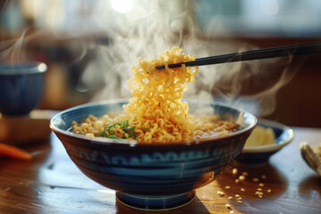 Wall Mural - Delicious ramen in a bowl with chopsticks pulling steaming noodles out of the bowl, Japanese dish
