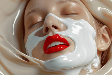 A woman's face with bright red lips is shrouded in streams of white cream