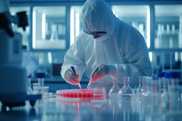 Scientist in laboratory wearing protective suit taking virus sample or doing research on hot substances with test tubes and red liquid in laboratory. Theme of chemistry and biochemistry research
