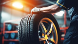 Fototapeta  - Mechanic changes new car tires in auto repair shop