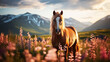 Horse on the hill with sunrise background on the mountain
