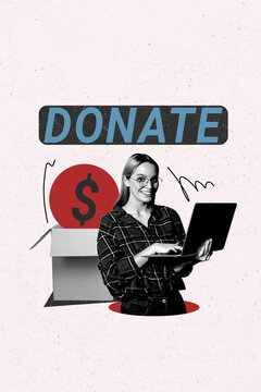 Collage artwork graphics picture of smiling happy lady sending donates modern device isolated painting background