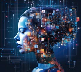 Realistic Artificial intelligence. Computer mind connections head. Human 3D head with circuit board inside. Engineering concept. Technology web background. Virtual concept