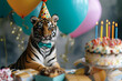 little amur tiger with bow tie and birthday hat and presents and baloons with big cake. Happy birthday concept