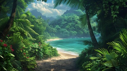 Wall Mural - Lush tropical foliage leading to a hidden beach, a secret paradise discovered at the end of a jungle path 