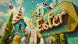 3d cute Easter Graffiti on the wall side close up, Candy land House Easter eggs flying in air, beautiful candy land sweets fairy tale background
