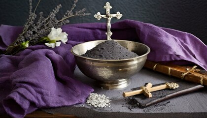 Wall Mural - Ash Wednesday Concept. Bowl with Ash and Holy Cross