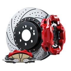 Car brake disc and red calipers on white or transparent background