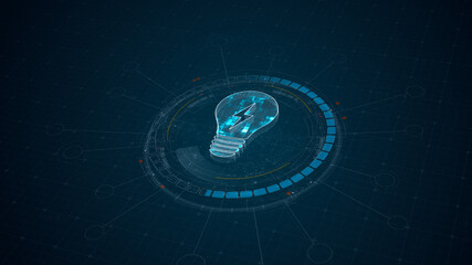 Poster - Blue digital lamp logo and 3D circle futuristic HUD elements with lightbulb and ideas concept on abstract background