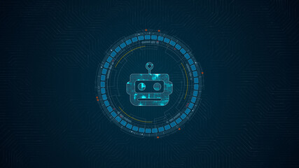Poster - Blue digital robot head logo and circle futuristic HUD elements with Ai chatbot and machine learning technology and ai assistance concepts on circuit board abstract background