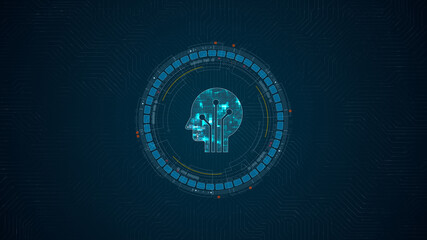 Poster - Blue digital robot head logo and circle futuristic HUD elements with Ai chatbot and machine learning technology and ai assistance concepts on circuit board abstract background