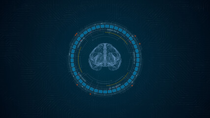 Poster - Blue digital robot brain logo and circle futuristic HUD elements with Ai chatbot and machine learning technology and ai assistance concepts on circuit board abstract background