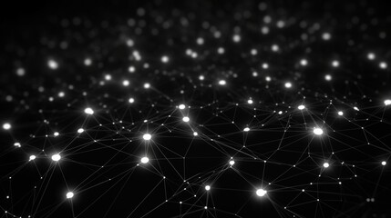 Poster - Dynamic interlacing lines and dots: abstract grid on dark background, 3d render