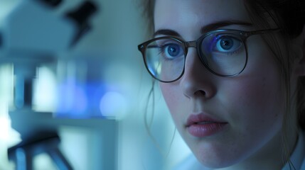Aufkleber - Focused female scientist examining samples, laboratory research in progress. close-up, blue tones, modern healthcare. AI