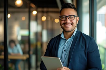 Young male latin businessman executive in glasses, smiling looking at the camera while holding a digital tablet in the office