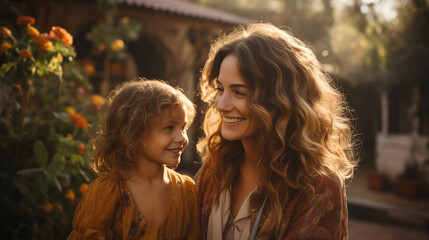 Two beautiful smiling woman. Concept of happy family or friends, blurred background