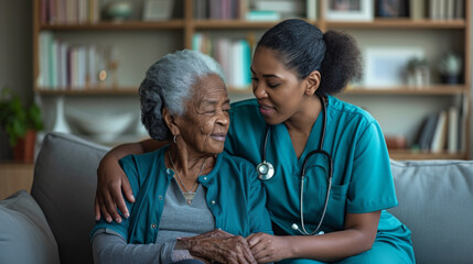 Canvas Print - tender moment between a young female nurse in scrubs with a stethoscope and an elderly woman